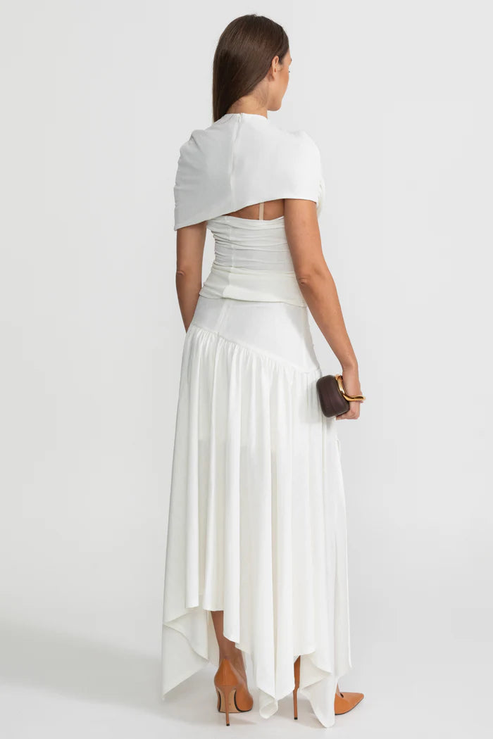 Asymmetric Jersey Dress with Draped Shoulder and Cutout Detail - White