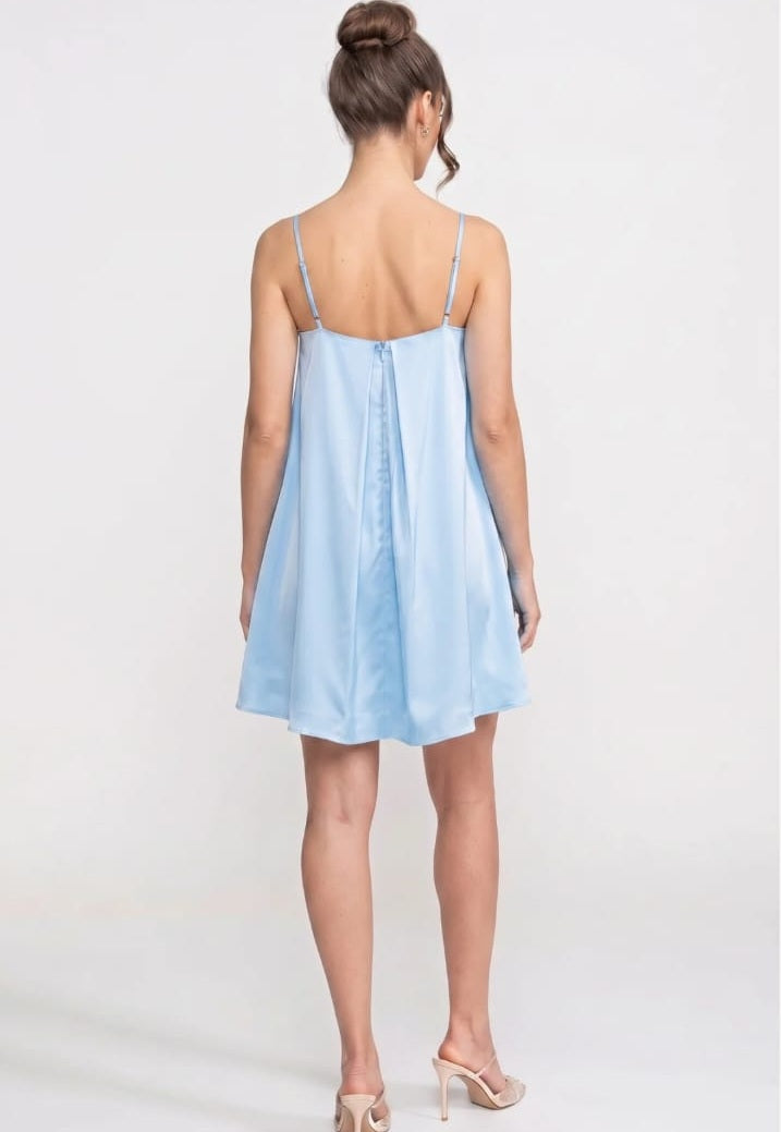 Thin Strap Mini Dress with 3D Floral Appliqué and A-Line Skirt - Blue