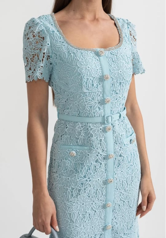 Delicate Azure Lace Midi Dress - Baby Blue