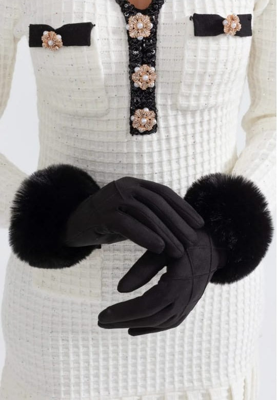 Suede Quilted Gloves With Fur - Black