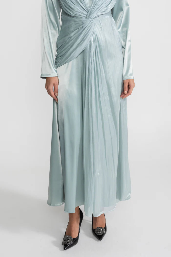 Satin Midi Dress with Draped Overlay and Knot Detail - Teal