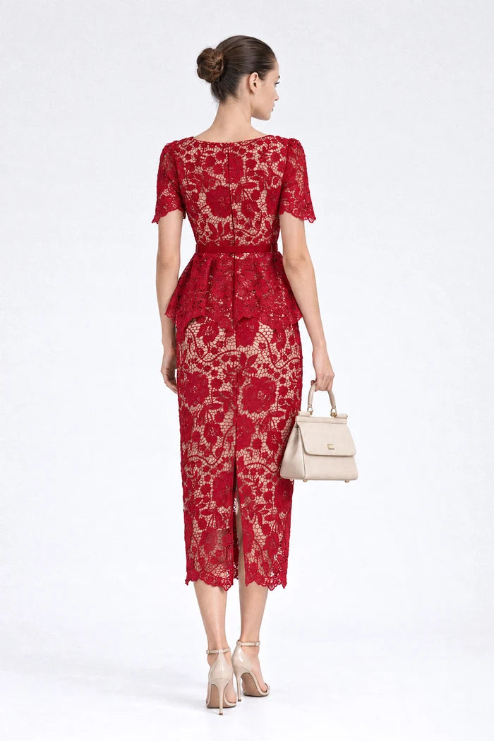 Crystal-Button Lace Peplum Midi Dress - Red