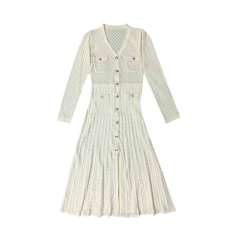 Robe en maille à rayures creuses et col en V