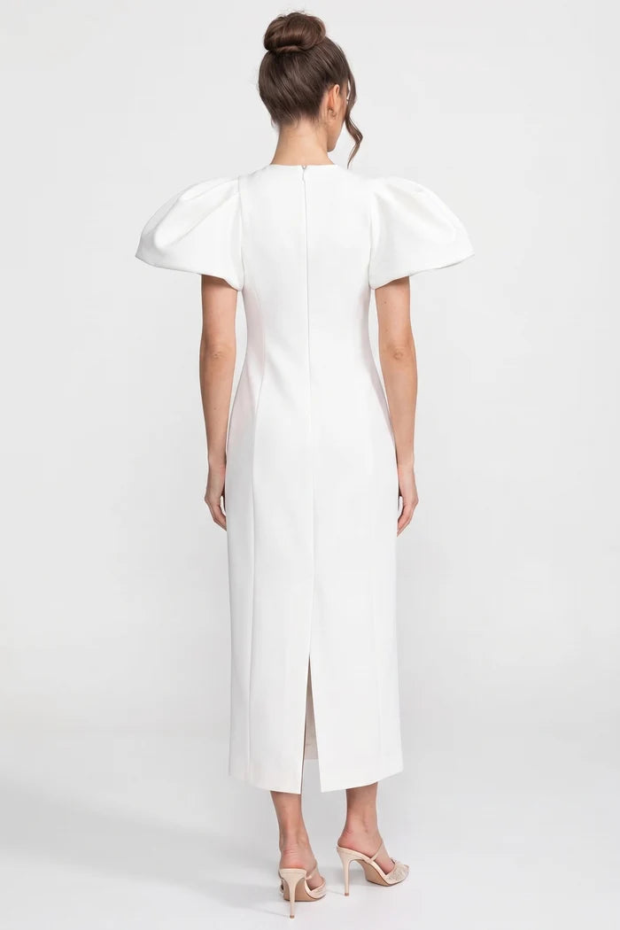 Structured Shoulder Maxi Dress With 3D Iris Floral Appliqué - White