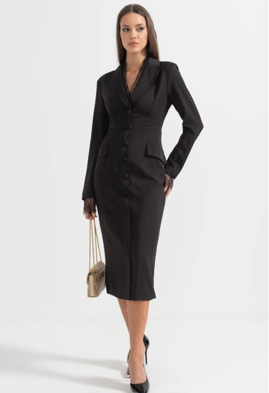 Elegant Buttoned Dress With Lace Details - Black