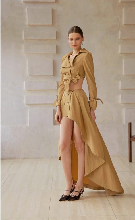 Maelle Khaki Cropped Trench Jacket & Skirt Matching Set