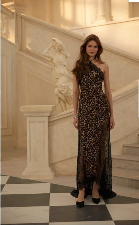 Alizée Brown Lace Panel Leopard Print Maxi Dress