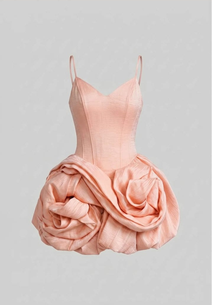 Spaghetti Strappy Velvet Mini Dress with 3D Pink Skirt - Pink