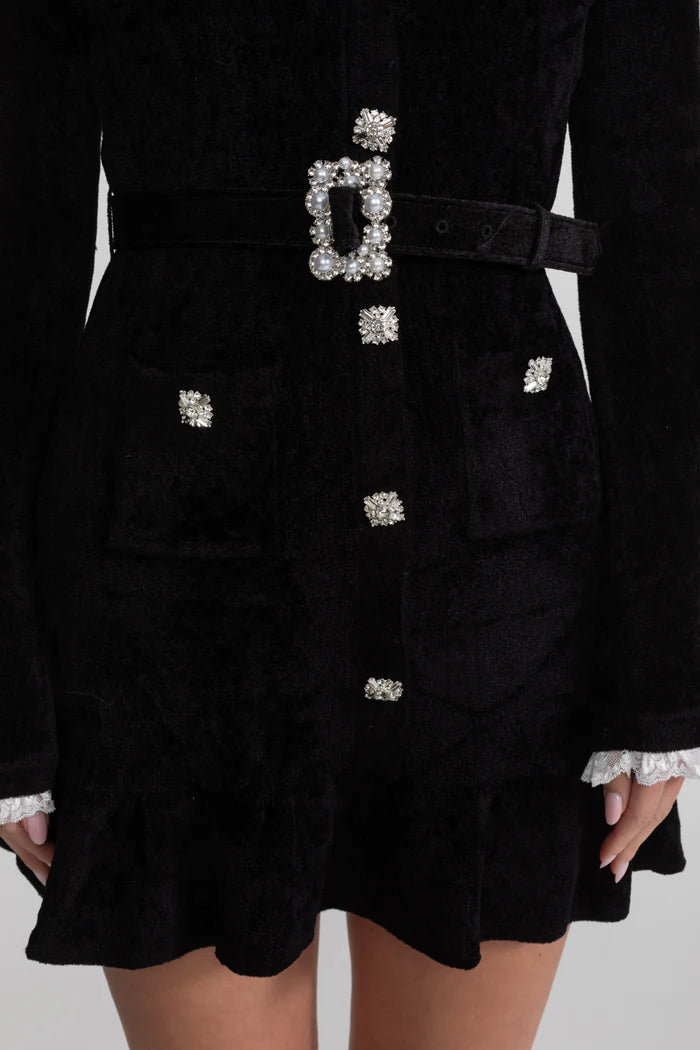 Knit Crystal-Button Mini Dress With Matching Belt – Black