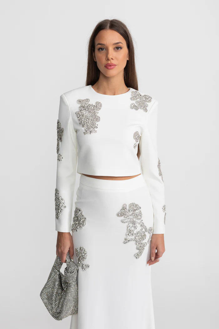 Embellished Co-Ord Set with Sparkling Crystal Embellishments - White
