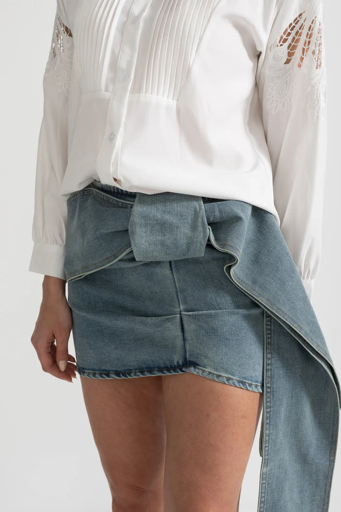 Denim Mini Skirt with Oversized Bow Detail - Blue