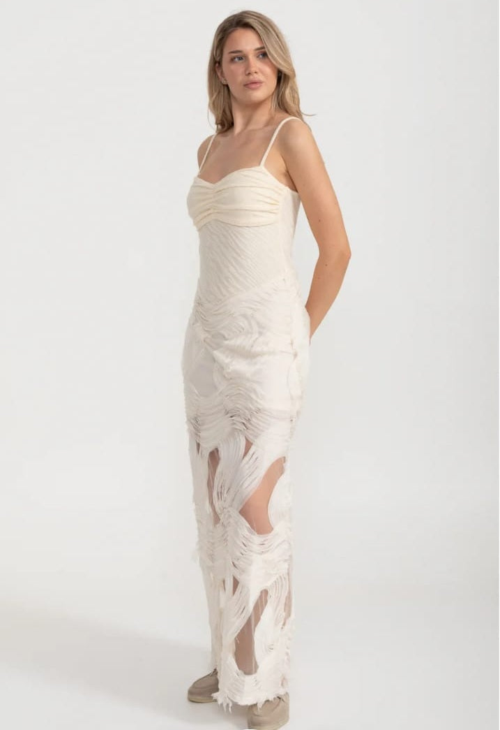 Sleeveless Evening Gown With Intricate Swirling Textures And Sheer Base Material - Ivoire
