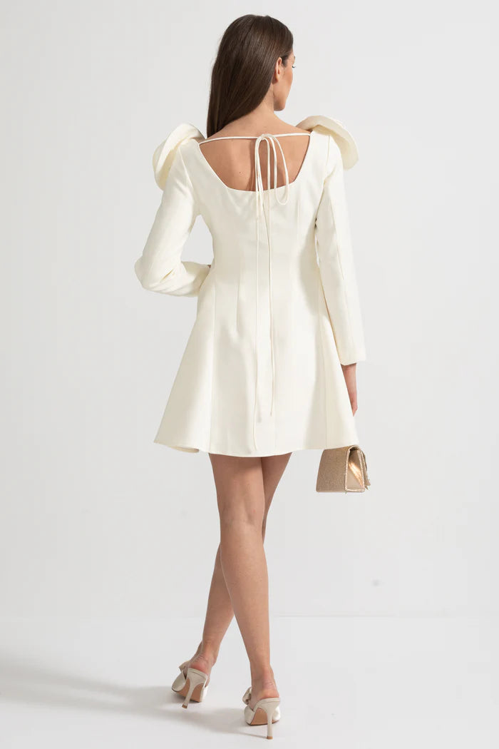 Elegant Mini Dress With Square Neckline, 3D Floral Appliques And Flared Skirt - Ivoire