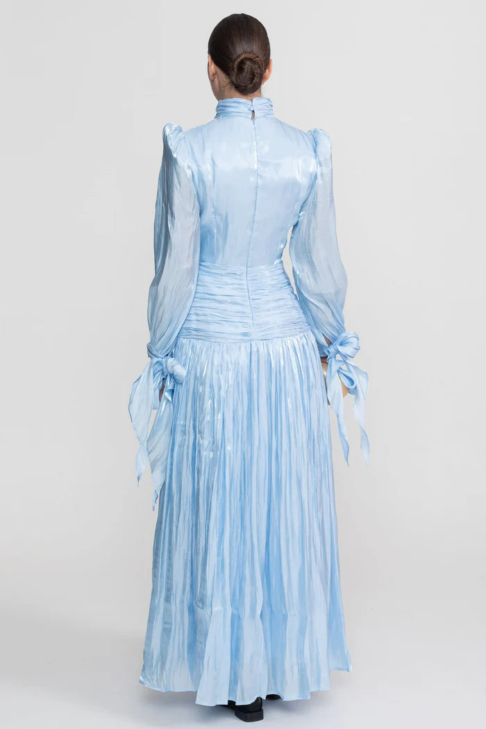 Ruched Long Sleeve Maxi Dress With Pleated Skirt - Sky Blue