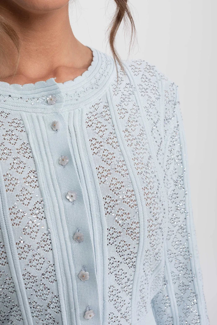 Eyelet Knit Co-Ord Set With Cardigan And Maxi Skirt - Light Blue