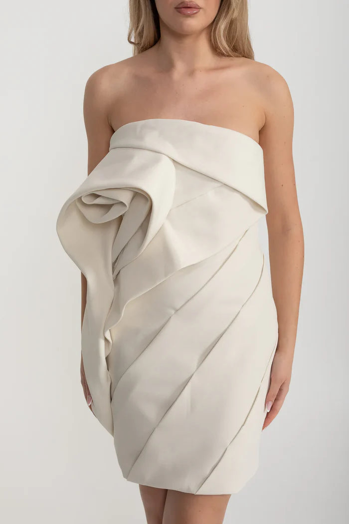 Fitted Mini Dress With Intricate Folds And Swirls - Beige