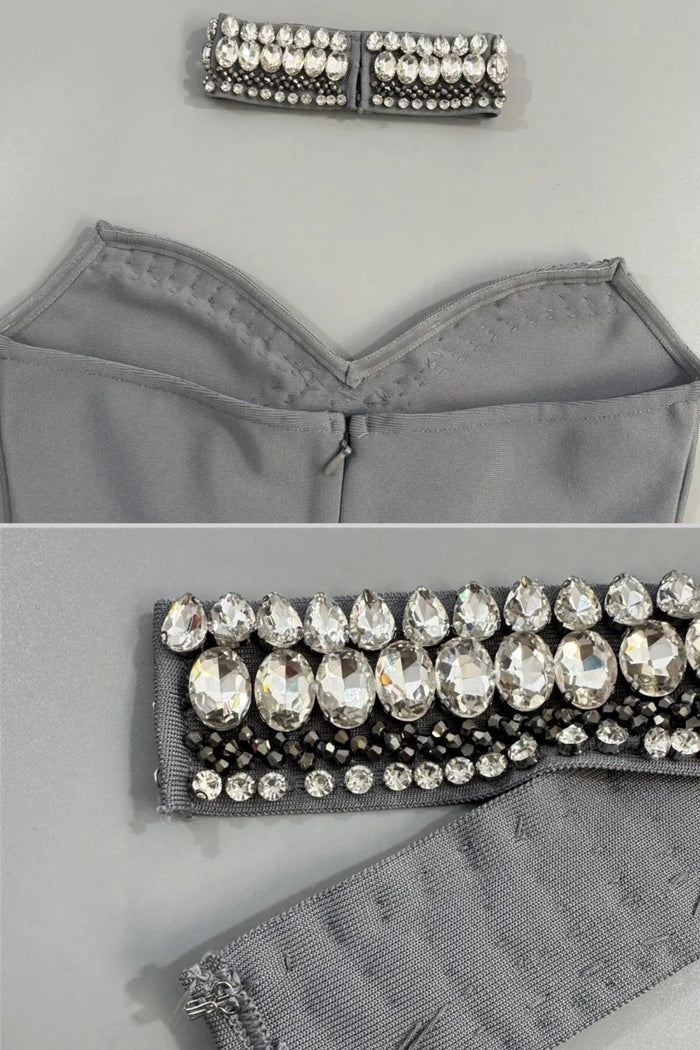 Crystal-Embellished Strapless Gown with Choker – Gray