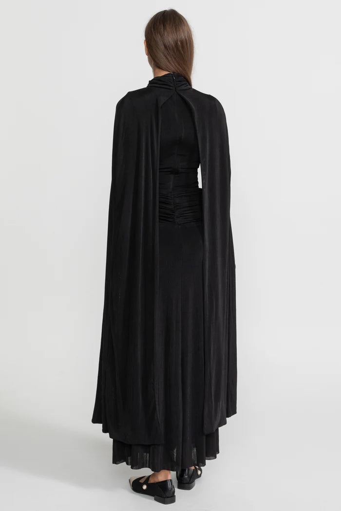 Draped Cape Maxi Dress With Ruched Waist – Black