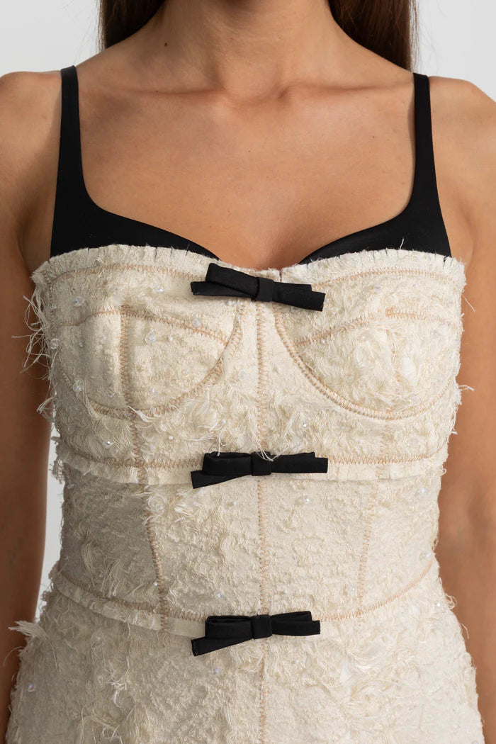 Textured Tweed Midi Dress With Contrast Straps and Bow Detailing – Ivoire