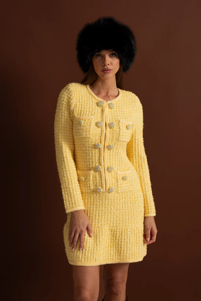 Embellished Tweed Mini Dress With Jewel Buttons – Yellow
