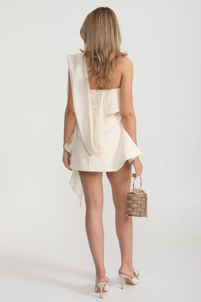 Strapless Fitted Mini Dress With Flared Skirt And Draping Scarf Attachment - Ivoire