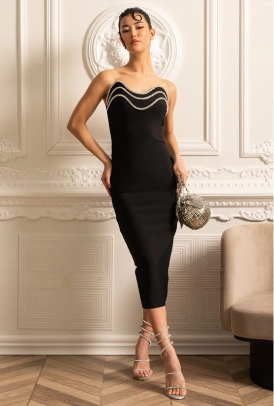 Elegant Fitted Dress With Silver Embellished Neckline Trim - Black