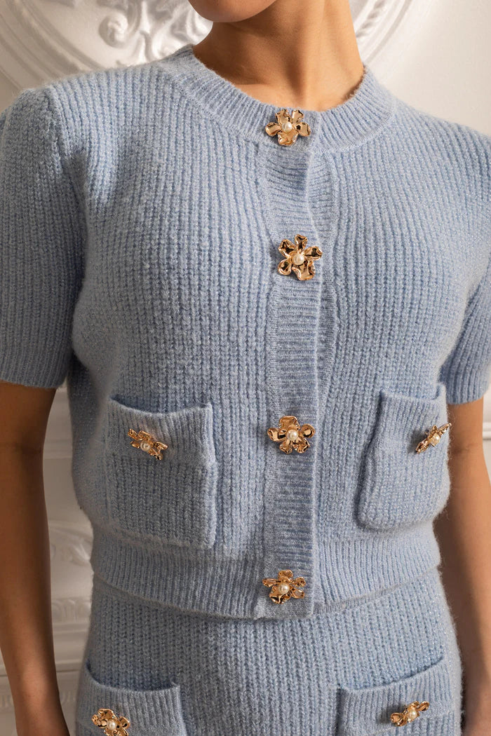 Elegant Knit Set With Front Pockets And Gold Buttons - Blue