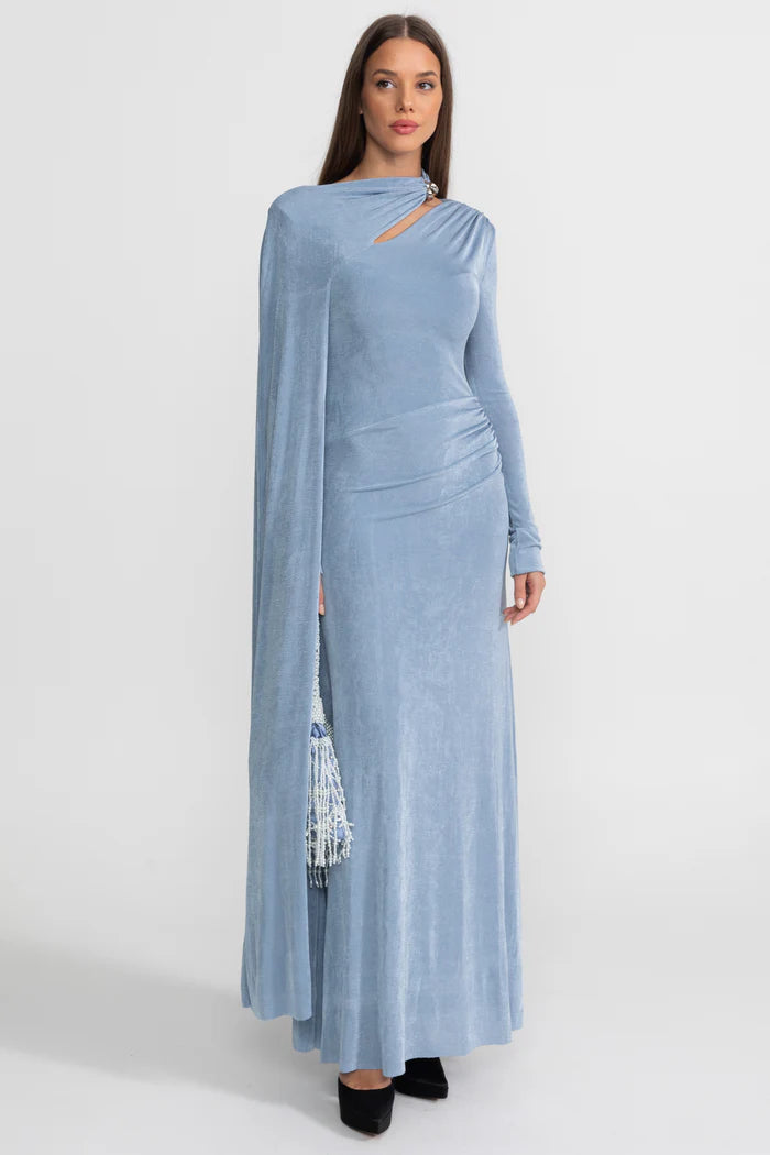 Elegant Draped Gown With Asymmetric Cutout – Blue