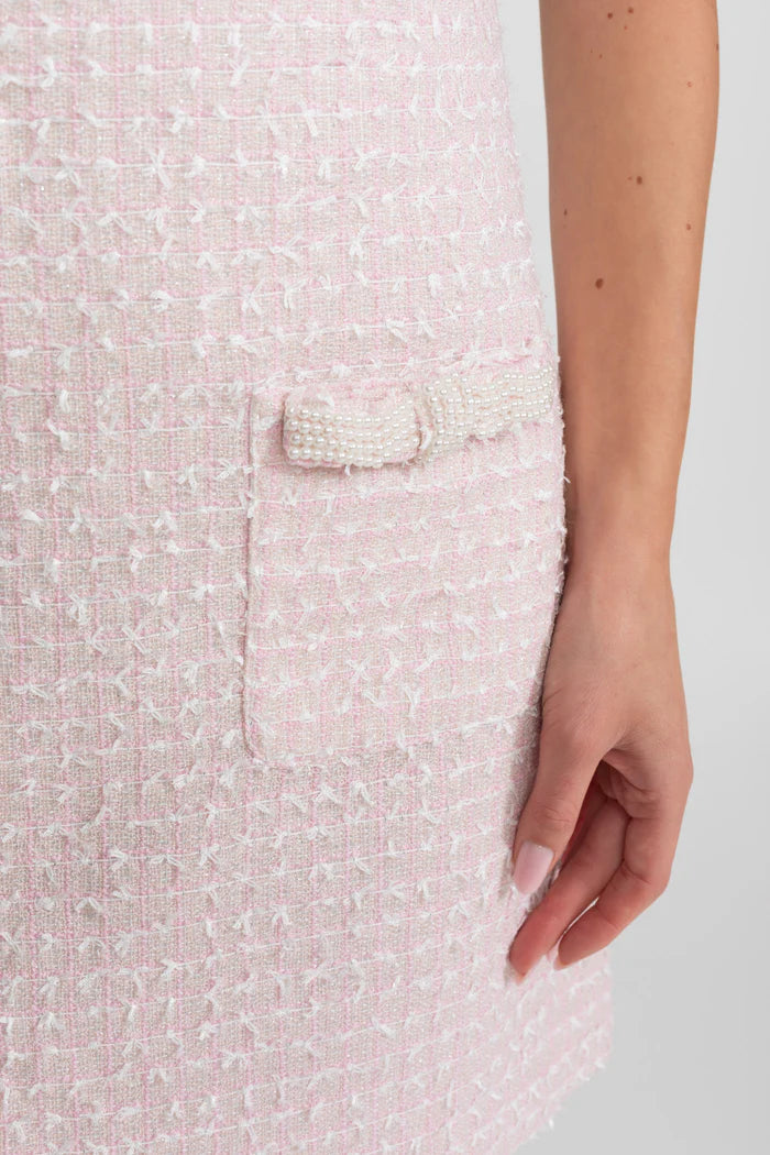 Embellished Tweed Mini Dress With Delicate Pearl Trim - Light Pink