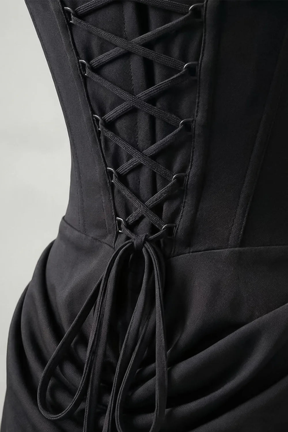 Corset Maxi Dress with Draped Hip Detail – Black