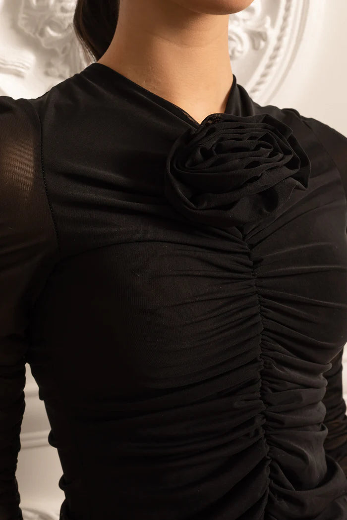 Ruched Two Piece Co-Ord Set Set With Front 3D Flowers - Black