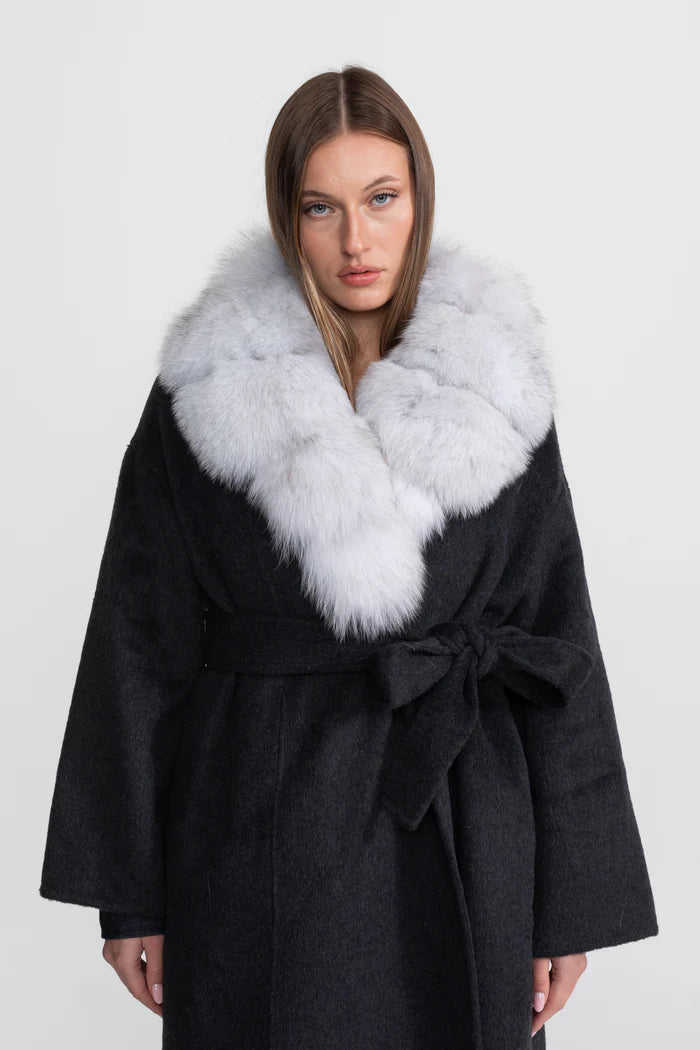 Wool Wrap Coat with Fox Fur Collar And Tie Belt – Black/Gray