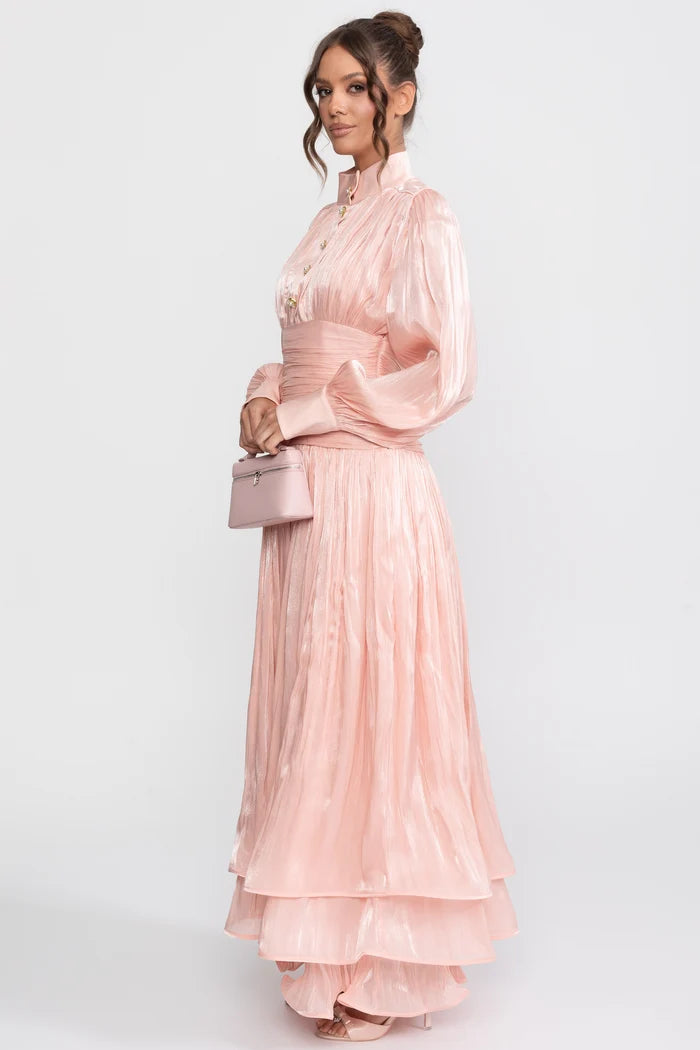Balloon-Sleeve Tiered Maxi Dress With Jeweled Rose Buttons - Peach