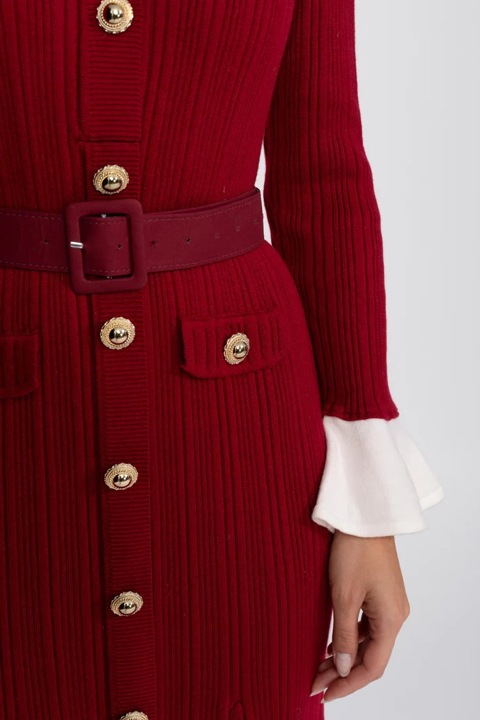 Ribbed Knit Belted Midi Dress With White Cuffs And Collar - Red
