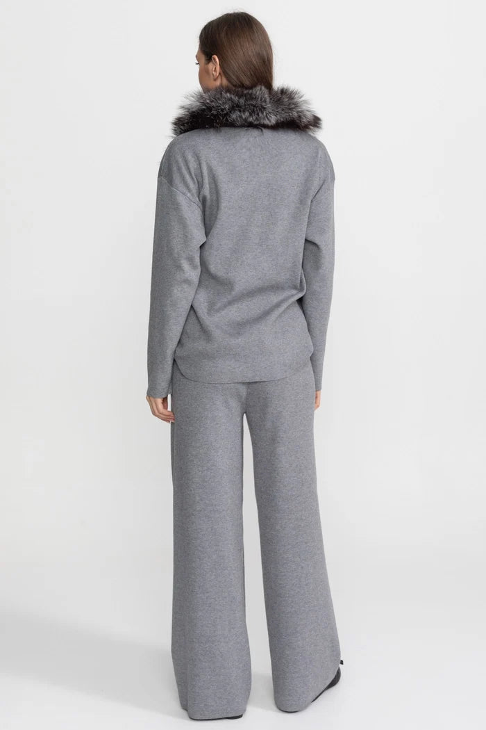 Knit Lounge Co-Ord Set with Fox Fur Collar – Grey