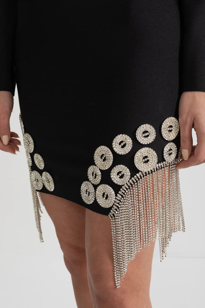 Crystal Embellished Blazer Dress With Structured Shoulders, Deep V-Neckline And Sparkling Fringed Hem - Black