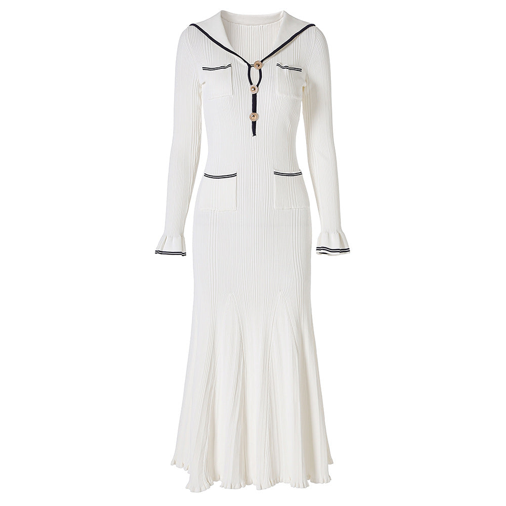 Navy collar trumpet sleeve long dress