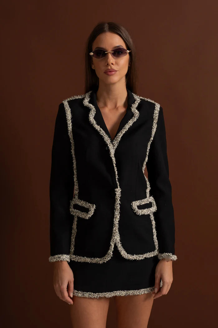 Tweed Set With Sparkling Trim Blazer And Matching Mini Skirt - Black