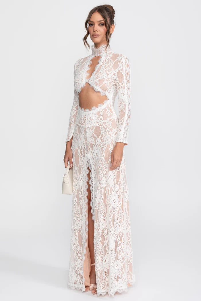 Elegant Lace Gown With High Neck, Front Cutout And Slit - White