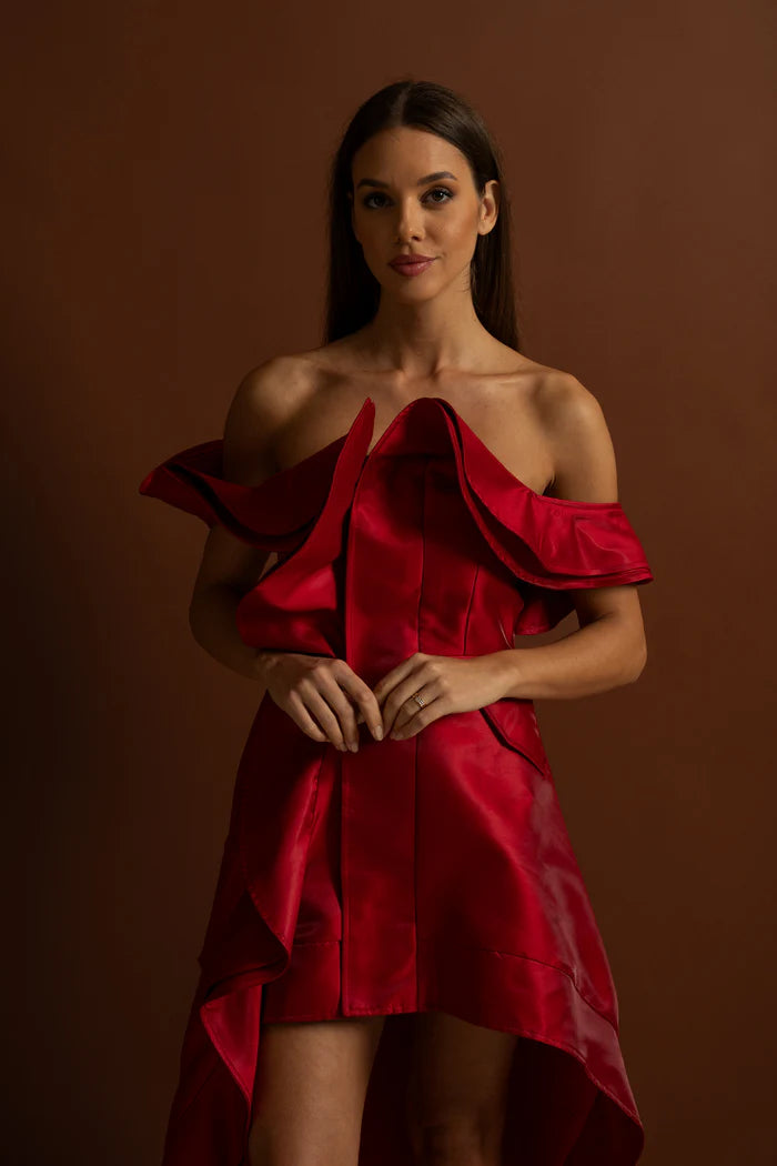 Off-Shoulder Ruffled High-Low Satin Dress – Crimson Red