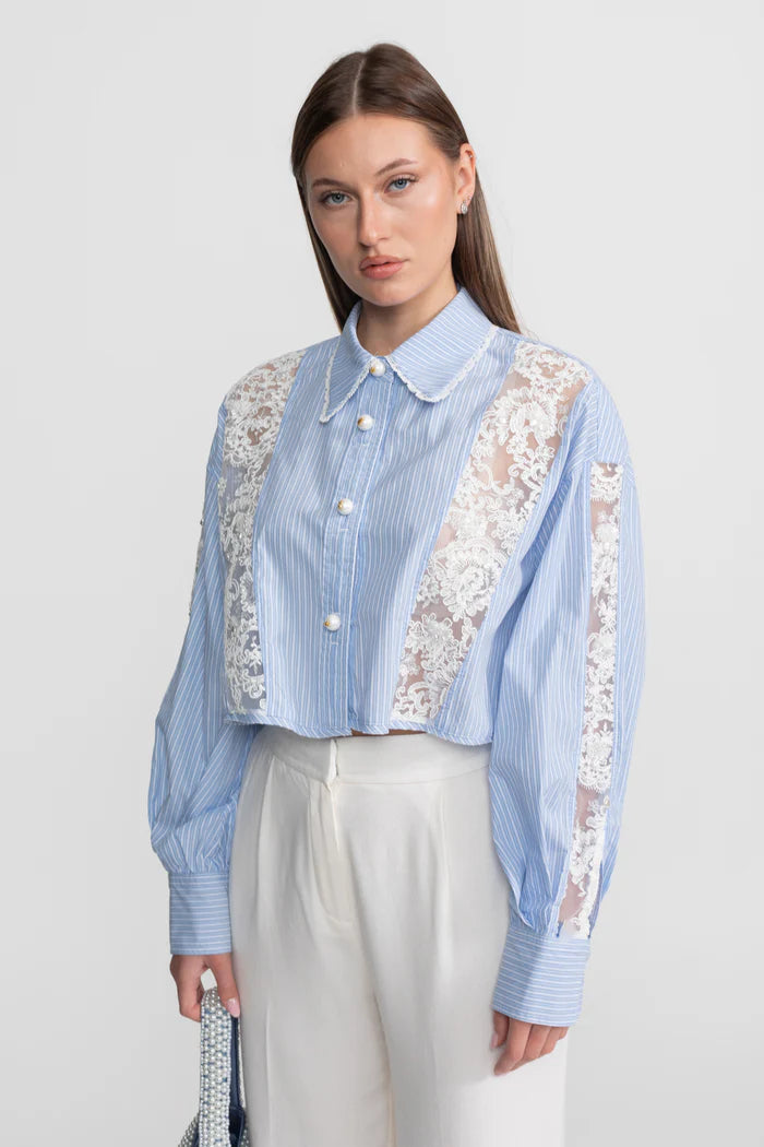 triped Cotton and Lace Panel Shirt – Light Blue