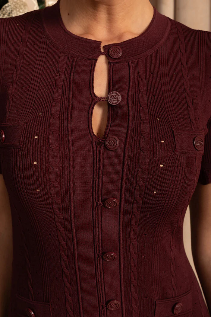 Knit Button-Front Midi Dress with Scalloped Sleeves – Burgundy