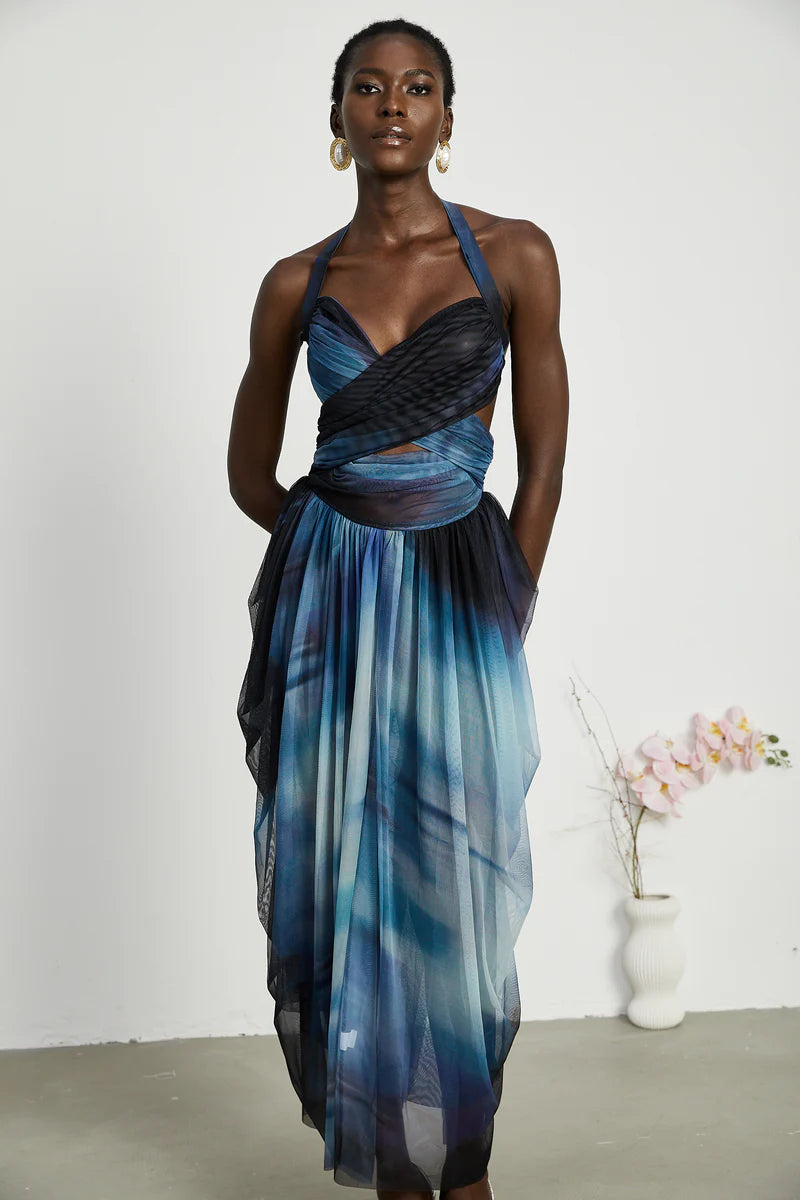 Céleste ombre-print pleated maxi dress