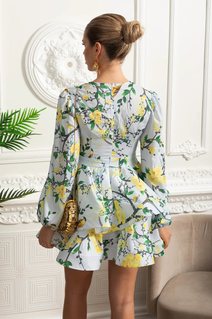 Floral Romantic Mini Dress With Voluminous Sleeves And Peplum Detail-sky blue