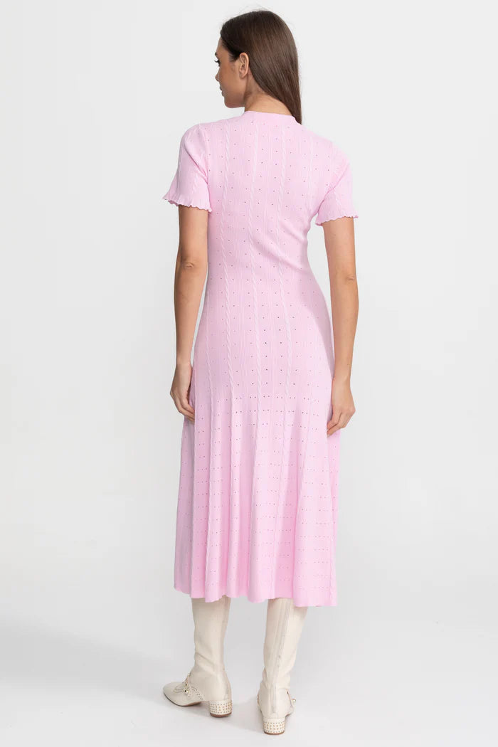 Knit Button-Front Midi Dress with Scalloped Sleeves – Pink