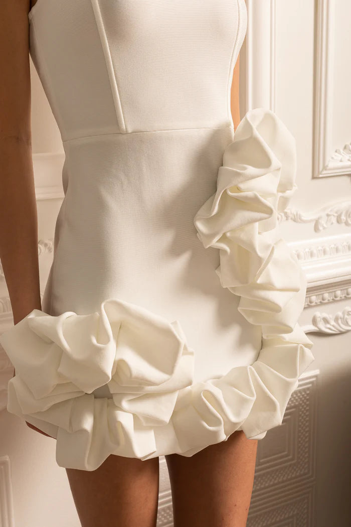 Floral Mini Dress With Ruffled Hem And Shoulder Strap - White