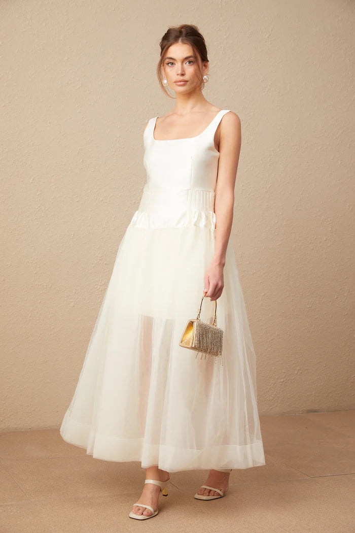 Lucie white satin tulle panelled maxi dress