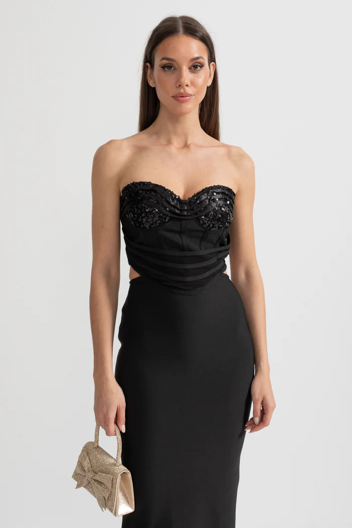 Sequin Bustier and Maxi Skirt Co-Ord Set with Side Cut-Outs - Black