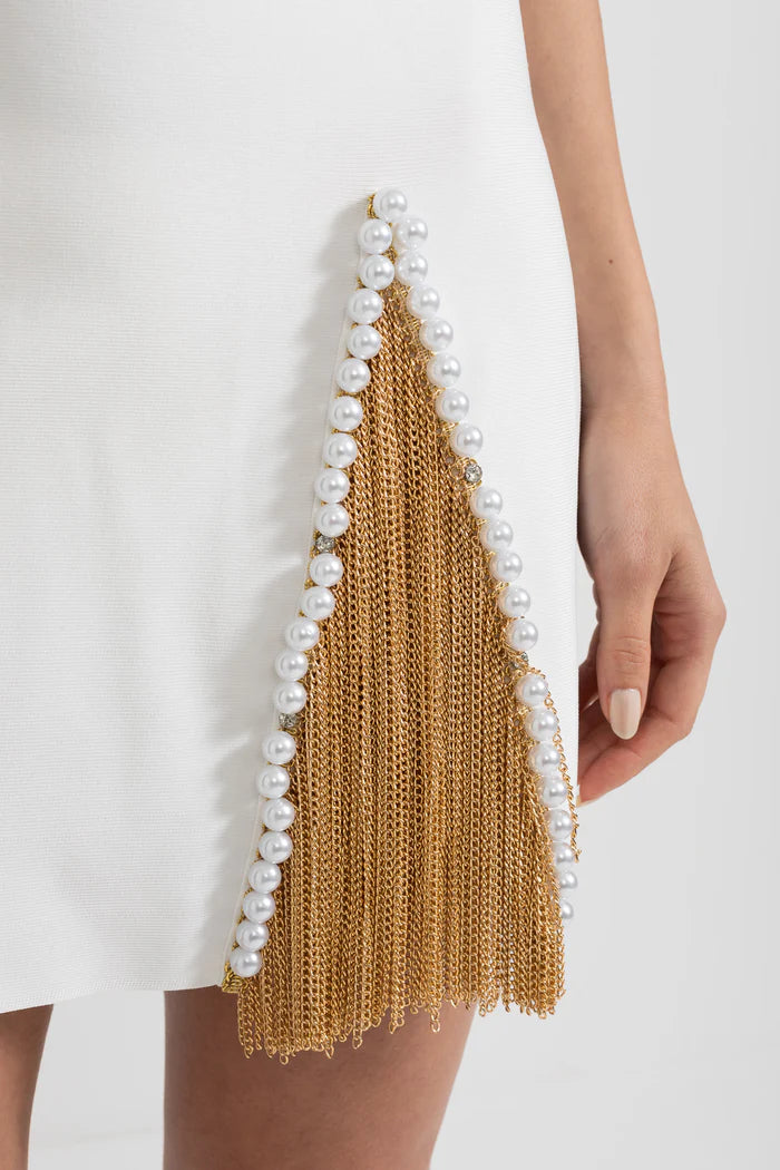 Pearls And Chains Embellished Set With Contrasting Top And Mini Skirt - Gold/White