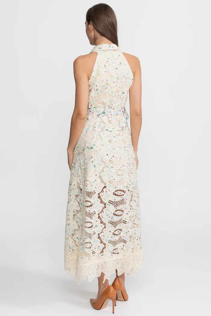 Halter Lace Midi Dress with Belted Waist – Ivoire
